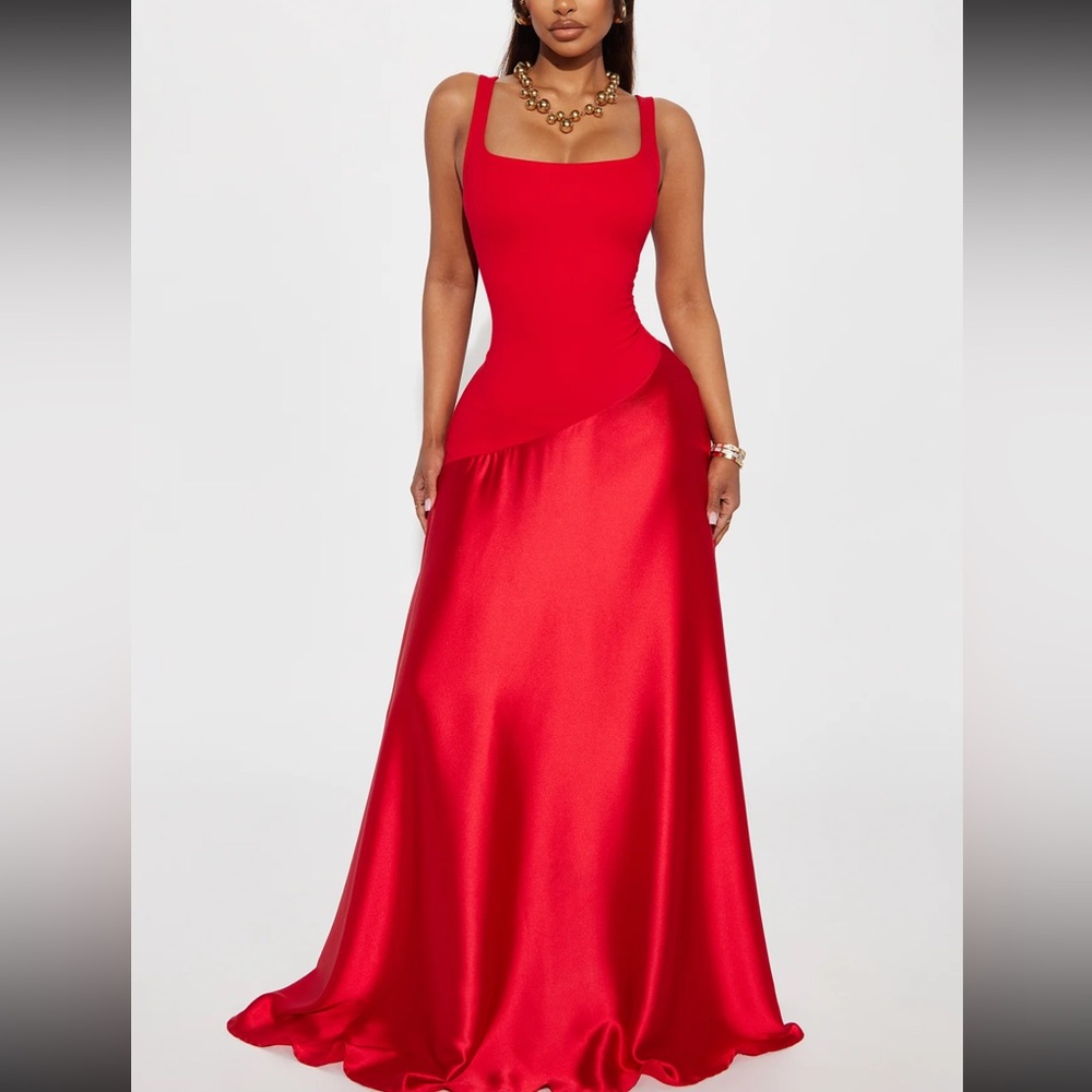 Liana Drop Waist Contrast Satin Maxi Dress - Red